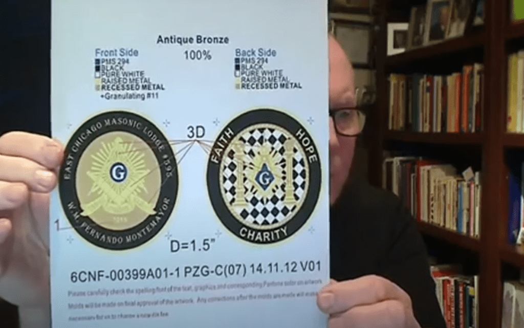 Design example of custom Masonic challenge coins shown in a video tutorial with front and back layouts